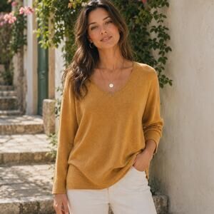 J. Jill SZ L Relaxed V Neck Pullover Wool Silk Blend Sweater Gold Melange